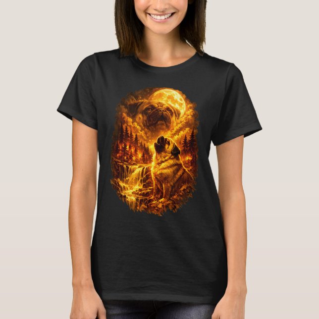 Camiseta Pug aullando a la luna dramática luna llena  (Anverso)