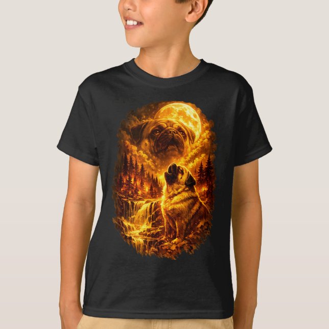 Camiseta Pug aullando a la luna dramática luna llena  (Anverso)