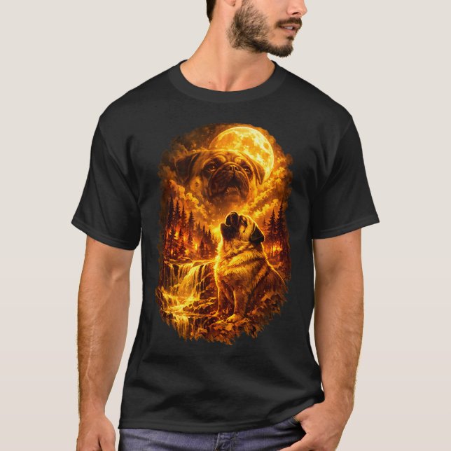 Camiseta Pug aullando a la luna dramática luna llena  (Anverso)