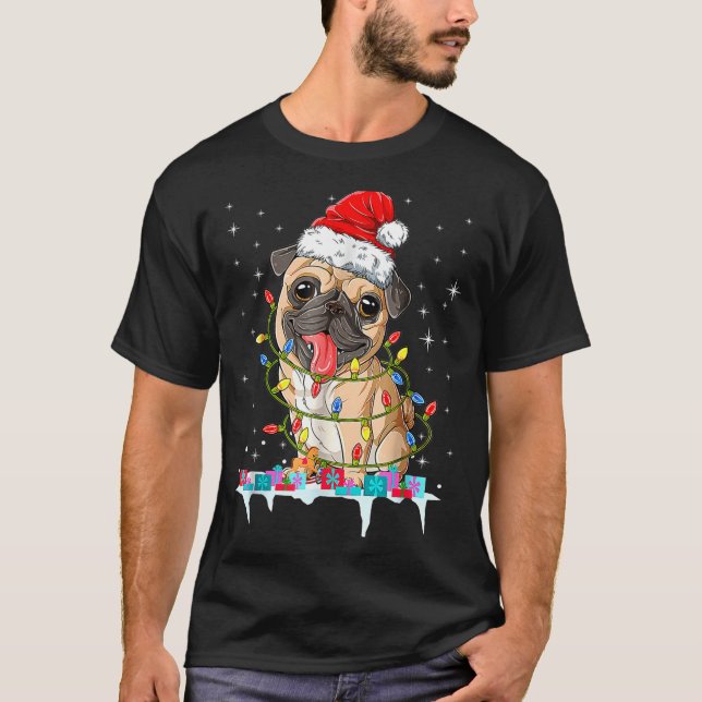 Camiseta Pug Christmas Tree Lights Santa Dog Xmas  (Anverso)