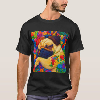 Camiseta Pug Colorido Bordado Durmiendo En Fantasía Floral