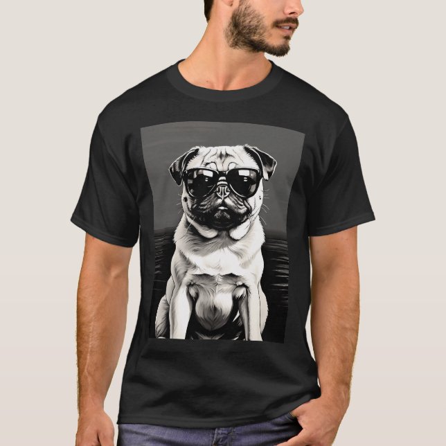 Camiseta Pug con gafas de sol (Blanco y Negro) (Anverso)