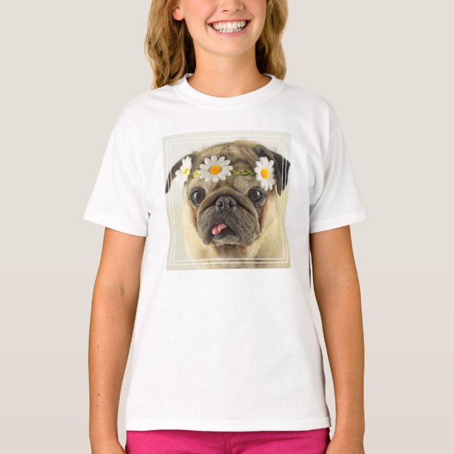 Camiseta Pug con la corona de margarita (Anverso)