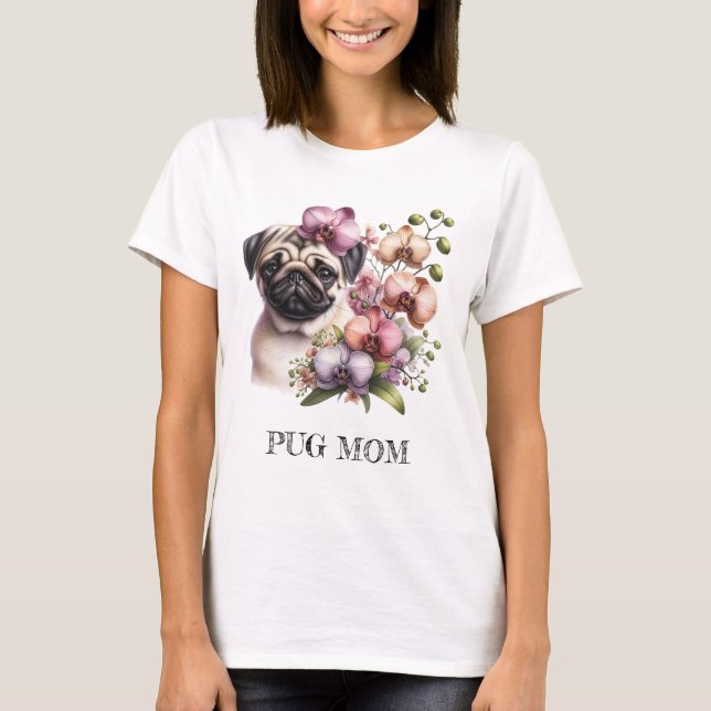 Camiseta Pug con Rama Orquídea, acuarela (Anverso)