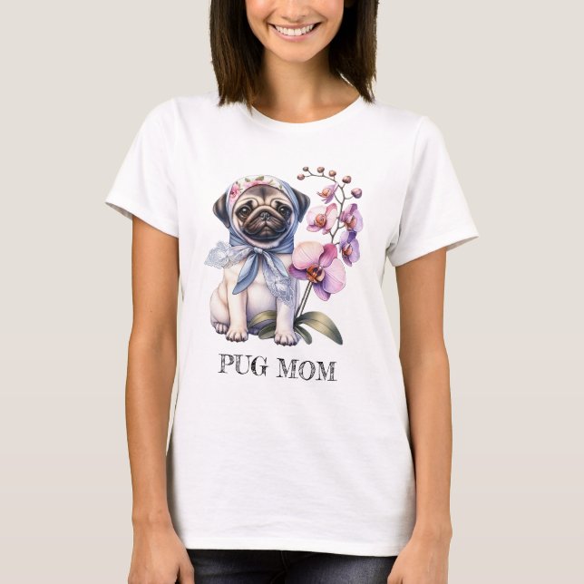 Camiseta Pug con Rama Orquídea, acuarela (Anverso)