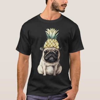 Camiseta Pug de acuarela con corona de piña. Pug divertido 