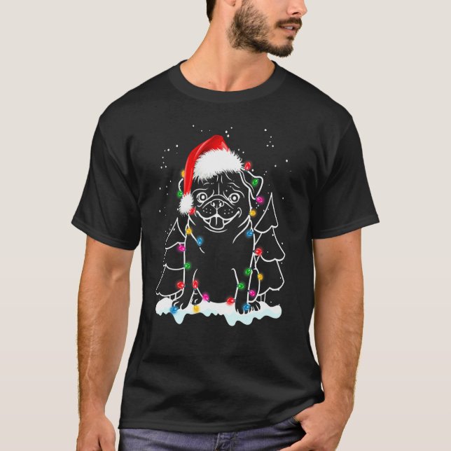 Camiseta Pug de Navidad Perro Luces de Navidad Gorro de San (Anverso)