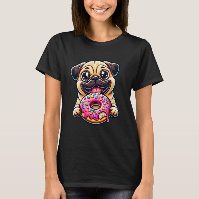 Camiseta Pug de perro lindo comiendo donut (Anverso)