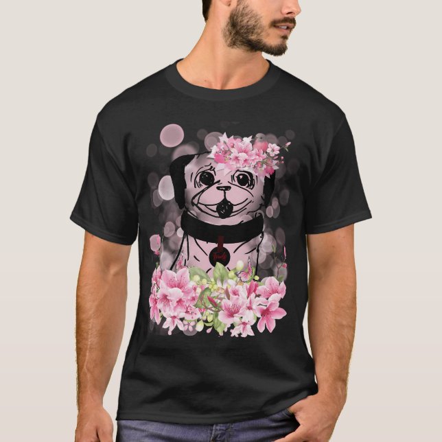 Camiseta Pug de primavera, pug de primavera con flores rosa (Anverso)