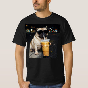 Camiseta Pug Divertido Bebiendo Café Helado Perro Lindo Mem