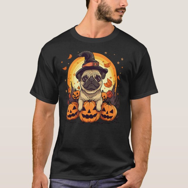 Camiseta Pug Dog Breed Pet Halloween Pumpkins (Anverso)