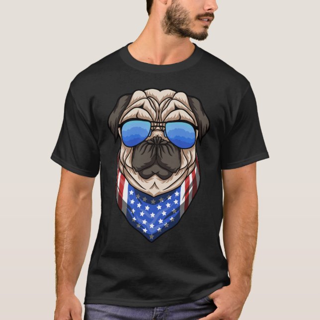 Camiseta Pug Dog Gafas de sol Bandera de Estados Unidos Ban (Anverso)
