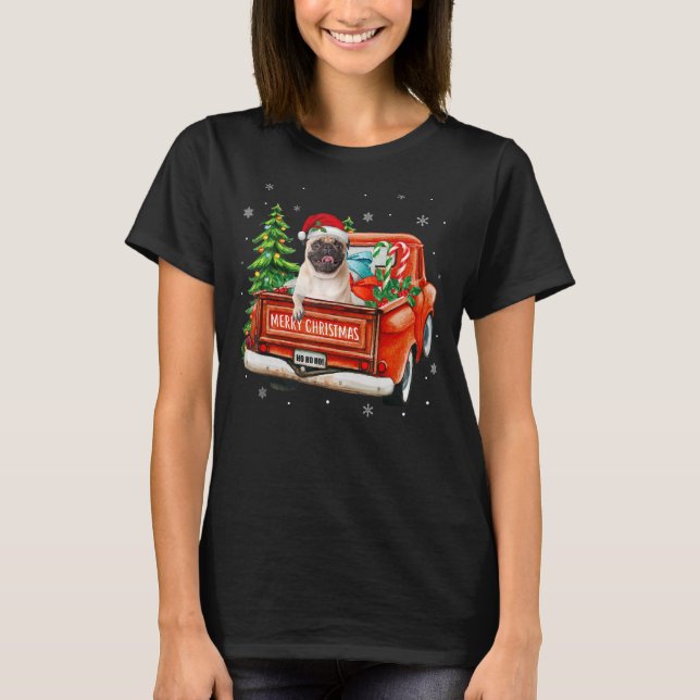 Camiseta Pug Dog Ride Red Truck Navidades Perro Xmas Pajama (Anverso)