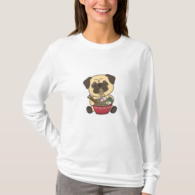 Camiseta Pug Eat Ramen Cute Kawaii Noodles Dogs (Anverso)