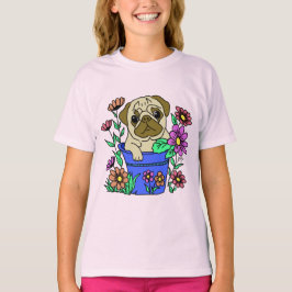 Camiseta Pug Fofo em Vaso de Flores Desenho