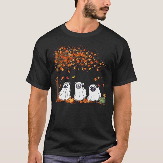 Camiseta Pug Ghost Cute Under Fall Tree Halloween Autumn Do (Anverso)