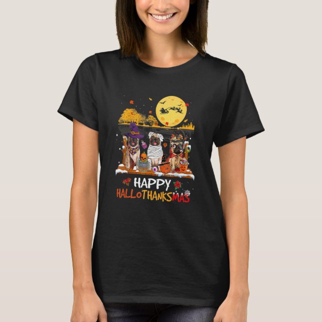 Camiseta Pug Hallothanksmas Halloween Día de Acción de Grac (Anverso)