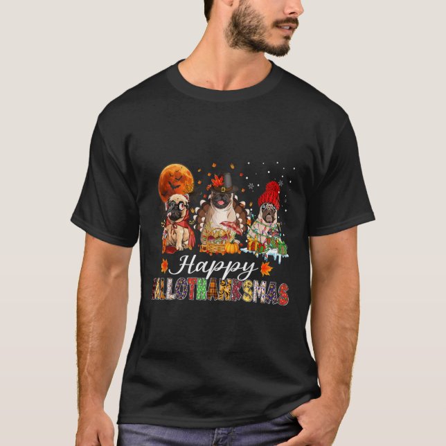 Camiseta Pug Halloween Thanksgiving Christmas Happy Halloth (Anverso)