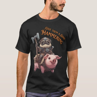Camiseta Pug Kawaii con Armadura Montando Cerdo con Martill