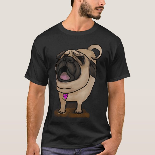 Camiseta PUG ladrando! Crema, bronceado, negro con corazón  (Anverso)