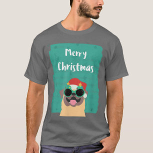 Camiseta Pug lindo usando gafas de sol y Santa Hat Merry Ch