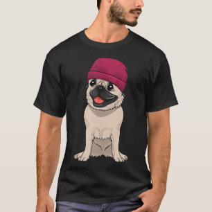 Camiseta Pug llevando Beanie Cute Guay Perro Knit Gorra Mas