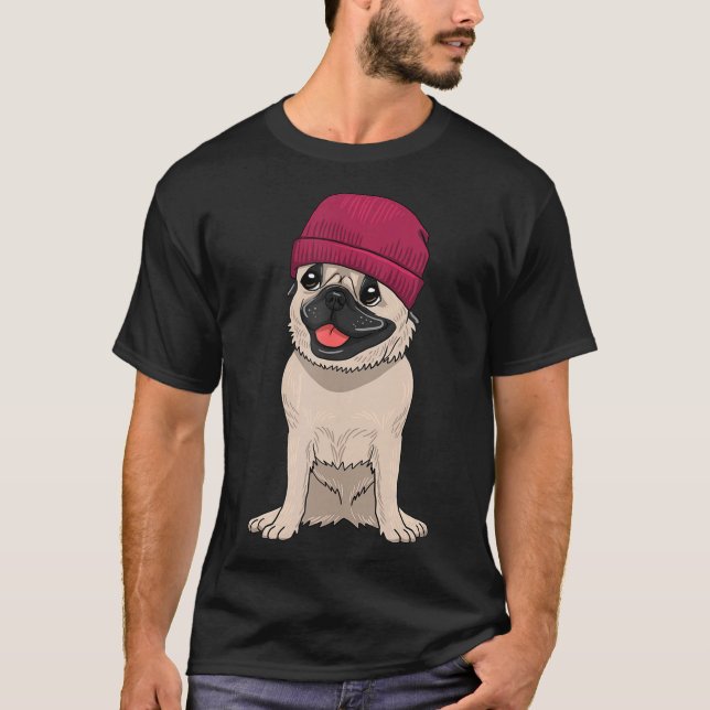 Camiseta Pug llevando Beanie Cute Guay Perro Knit Gorra Mas (Anverso)
