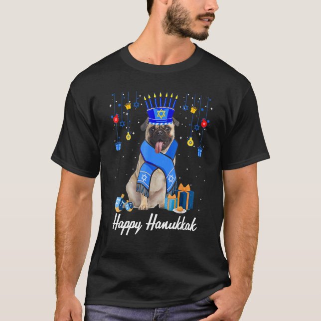 Camiseta Pug Menorah Hat Christmas Happy Hanukkah Jewish (Anverso)