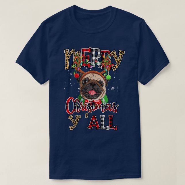 Camiseta Pug Merry Christmas You All Pugmas Leopard Reindee (Diseño del anverso)