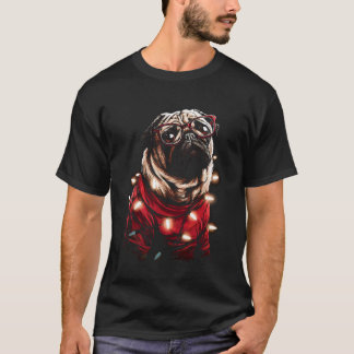 Camiseta Pug Navideño Adorable con Gafas Sombrero de Santa 