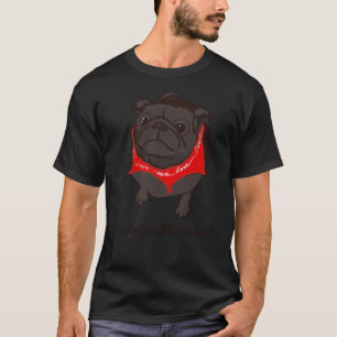 Camiseta PUG NEGRO con Bandana ROJA que dice LOVE y texto w