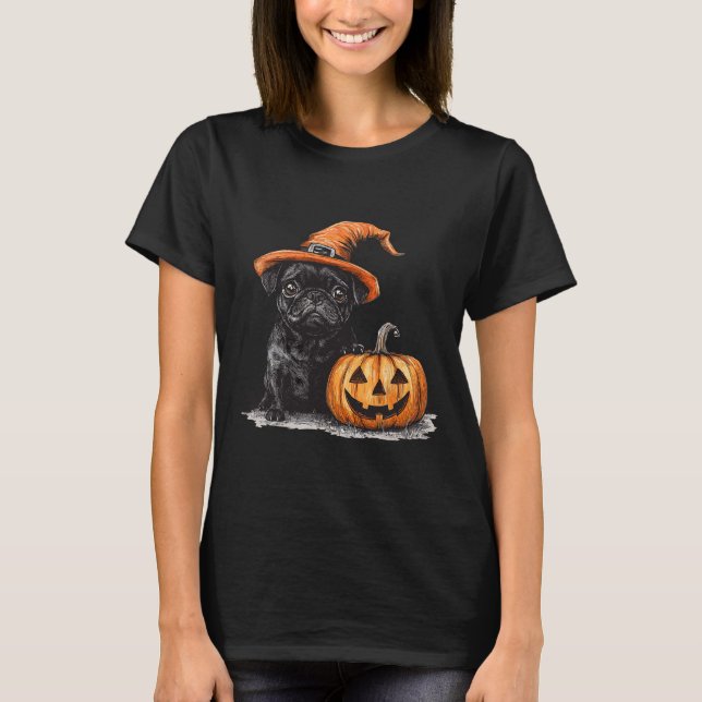 Camiseta Pug Negro Con Gorra De Brujas Y Calabaza Halloween (Anverso)