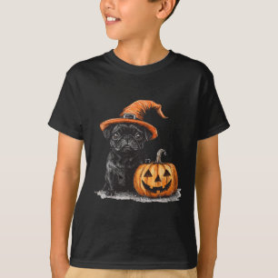 Camiseta Pug Negro Con Gorra De Brujas Y Calabaza Halloween