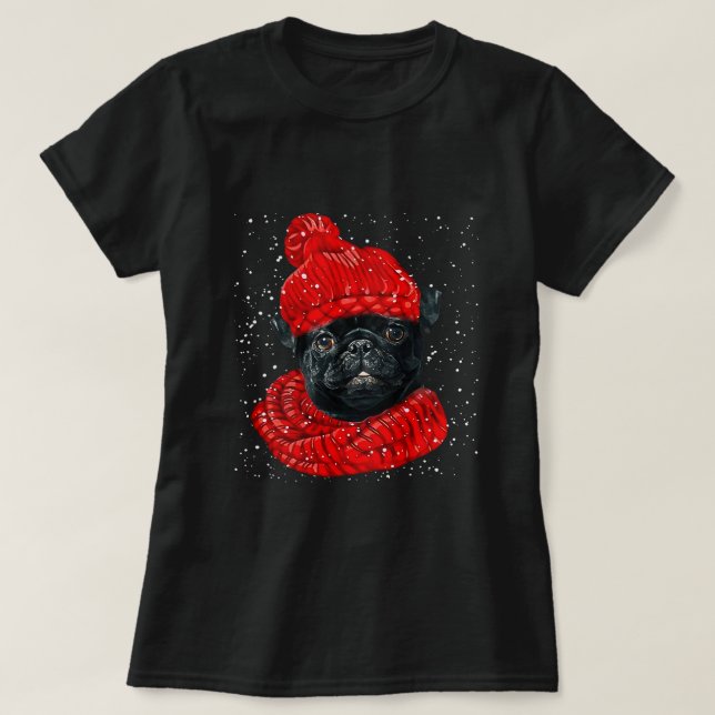 Camiseta Pug Negro Con Gorra Rojo Y Escarcha En Cristo De N (Diseño del anverso)
