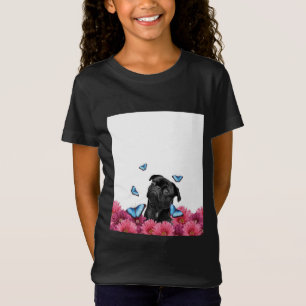 Camiseta Pug Negro Con Mariposas Azules Y Gerberas