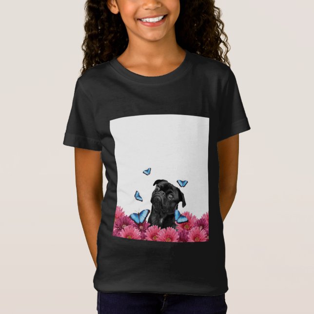 Camiseta Pug Negro Con Mariposas Azules Y Gerberas (Anverso)