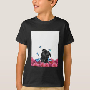 Camiseta Pug Negro Con Mariposas Azules Y Gerberas