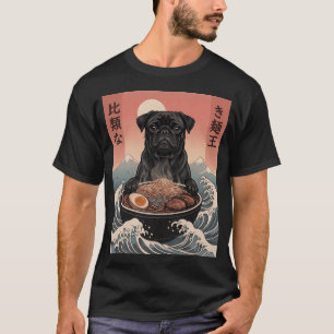 Camiseta Pug Negro Divertido Fideos Ramen Japoneses Vintage