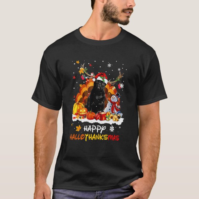 Camiseta Pug negro feliz Hallothanksmas (Anverso)