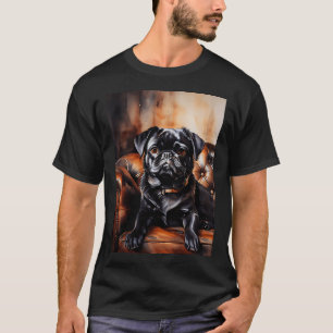 Camiseta Pug negro relajándose en un sofá de cuero.