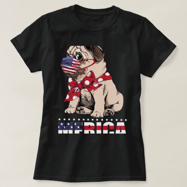 Camiseta Pug patriótico en máscara de bandera estadounidens (Diseño del anverso)