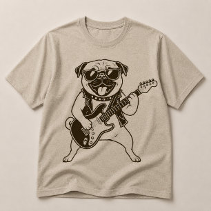 Camiseta Pug Perro Rockstar Feliz Tocando Guitarra Eléctric
