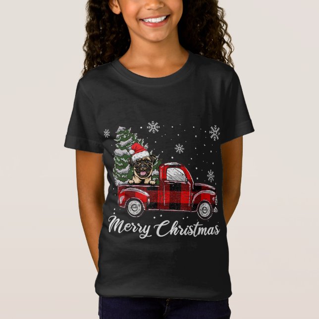 Camiseta Pug Riding Red Truck Christmas Tree Dog Lover (Anverso)