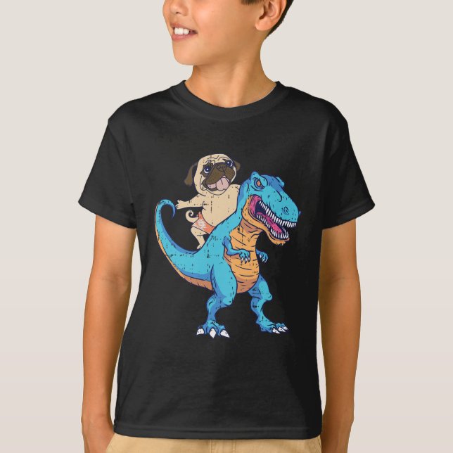 Camiseta Pug Riding T-rex Surfing Dinosaur Funny Dog Lover  (Anverso)