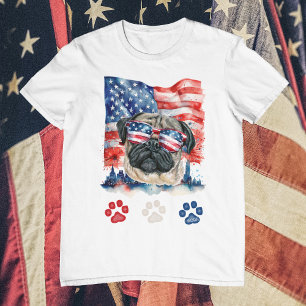 Camiseta Pug Rojiblanco Perro Americano Mascota 4 de Julio