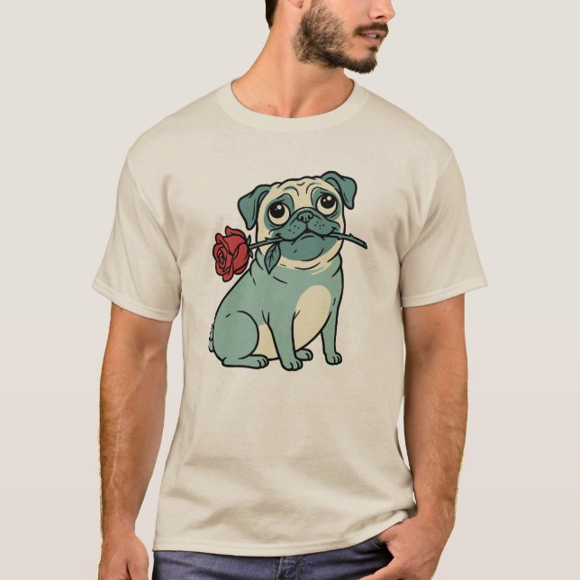 Camiseta Pug Romántico Antiguo con Rosa Roja (Anverso)