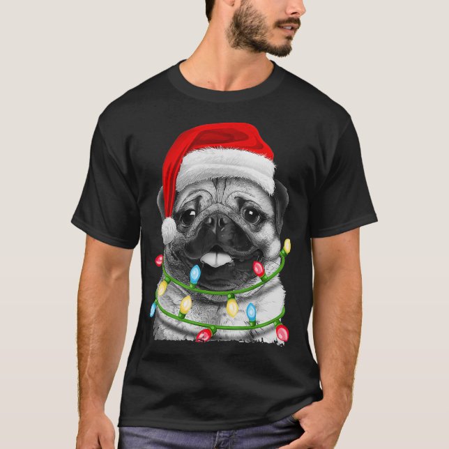 Camiseta Pug Santa Christmas Tree Enfoca regalos de Navidad (Anverso)
