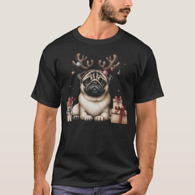 Camiseta Pug Santa Christmas Tree Lights Xmas Boys Men Dogm (Anverso)