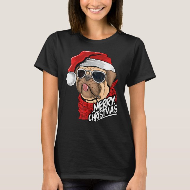 Camiseta Pug Santa Hat Gafas de sol Xmas Pajama Pug Dog Mer (Anverso)