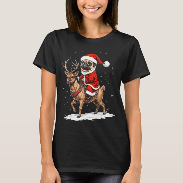 Camiseta Pug Santa Riding Reindeer Christmas Holiday Puppy  (Anverso)